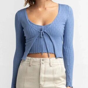 Sky & Sparrow Cardigan Sweater Women Knit Open Blue Tie Front Pointelle Ribbed